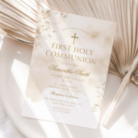 Beige Watercolor Gold Cross First Holy Communion