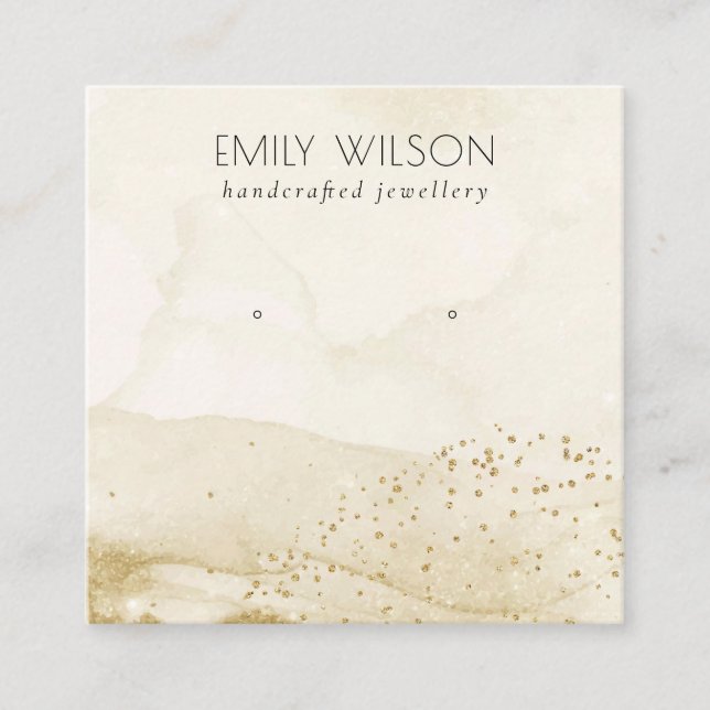 Beige Watercolor Gold Glitter Stud Earring Display Square Business Card (Front)