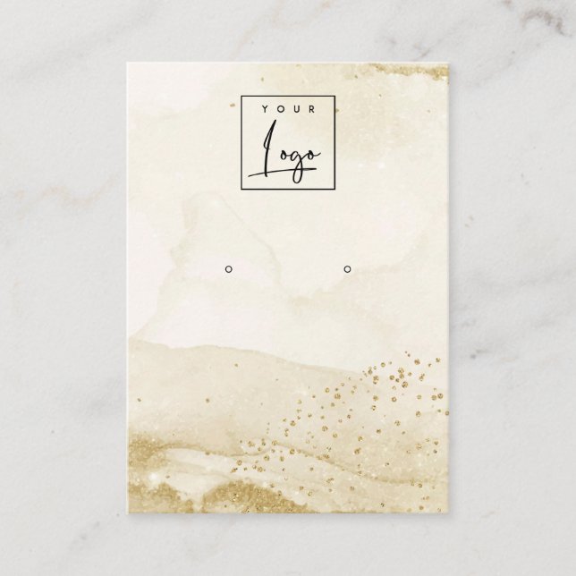 Beige Watercolor Gold Stud Earring Logo Display Business Card (Front)