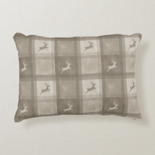 Beige Watercolor Plaid With Deer Christmas Accent Pillow