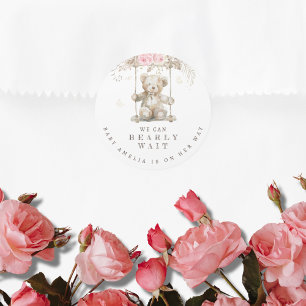  Beige Watercolor Teddy We Can Bearly Wait Classic Round Sticker