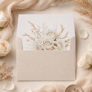 Beige Wedding Envelope with Ivory Roses Liner