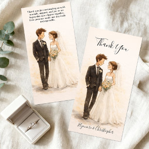 Beige Whimsical Watercolor Romantic Couple Wedding Thank You Card