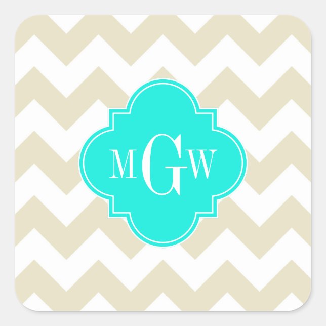 Beige White Chevron Aqua Quatrefoil 3 Monogram Square Sticker (Front)