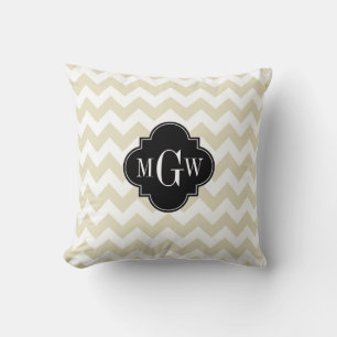 Beige White Chevron Black Quatrefoil 3 Monogram Throw Pillow