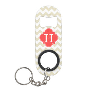 Beige White Chevron Coral Red Quatrefoil Monogram Mini Bottle Opener
