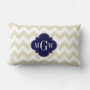 Beige White Chevron Navy Quatrefoil 3 Monogram Lumbar Pillow