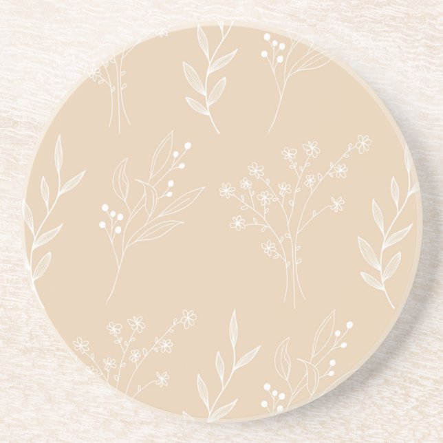 Beige White Corner Floral Boho Wedding Coaster (Front)