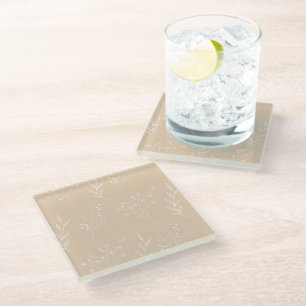 Beige White Corner Floral Boho Wedding Glass Coaster