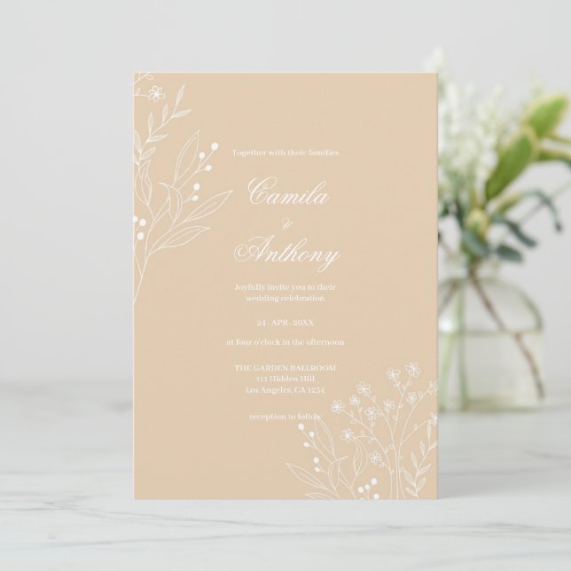 Beige White Corner Floral Boho Wedding Invitation (Standing Front)
