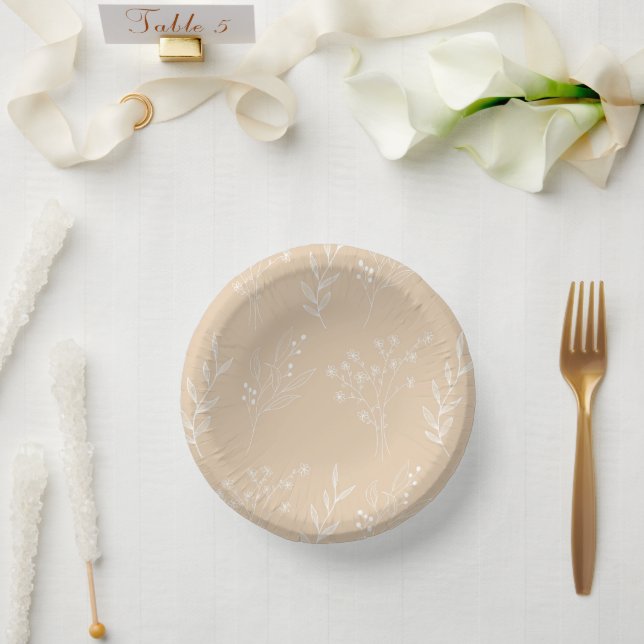 Beige White Corner Floral Boho Wedding Paper Plate (Wedding)