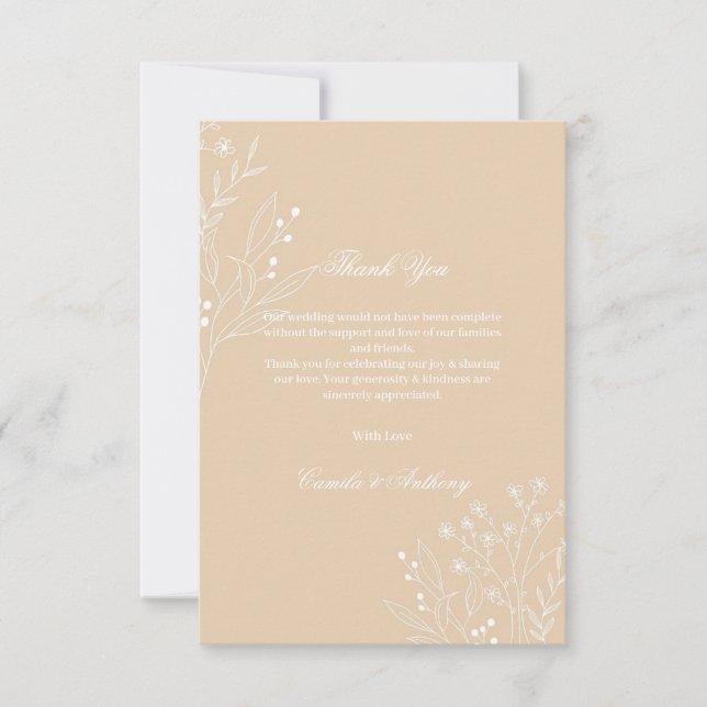 Beige White Corner Floral Boho Wedding Thank You Card (Front)