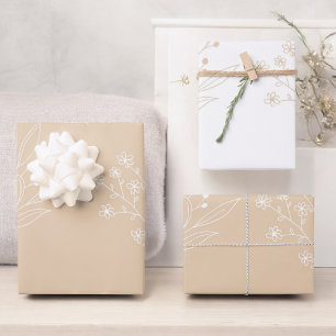 Beige White Corner Floral Boho Wedding Wrapping Paper Sheet