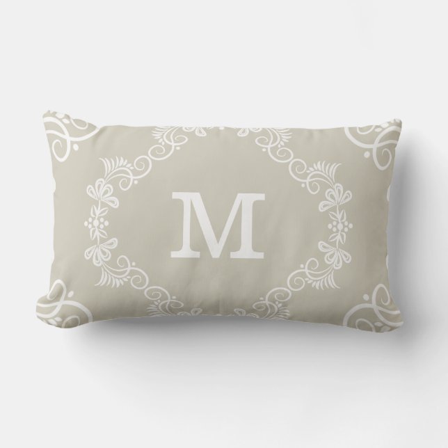 Beige White Custom Monogram Decorative Lumbar Pillow (Front)