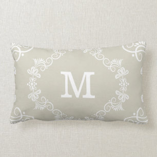 Beige White Custom Monogram Decorative Lumbar Pillow