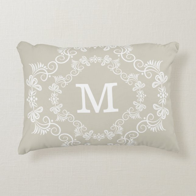 Beige White Custom Monogram Decorative Pillow (Front)