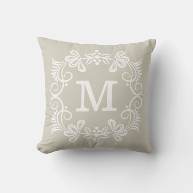 Beige White Custom Monogram Decorative Throw Pillow (Front)