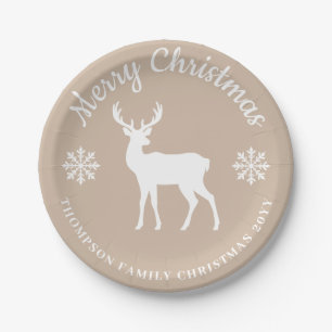 Beige White Deer And Snowflakes Christmas Party Paper Plate