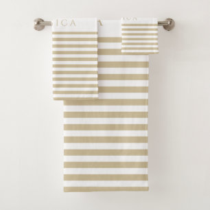 Beige & White Farmhouse Stripe Pattern Personalize Bath Towel Set