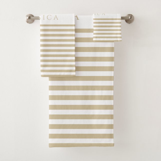 Beige & White Farmhouse Stripe Pattern Personalize Bath Towel Set (Insitu)