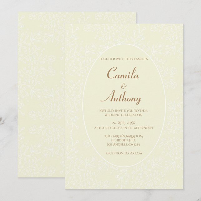 Beige White Floral Pattern Oval Border Wedding Invitation (Front/Back)