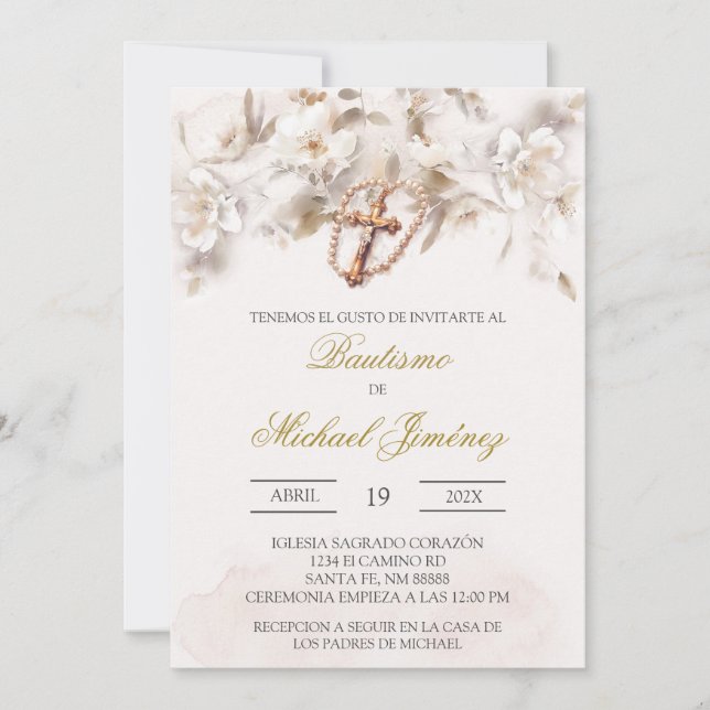 Beige white floral Spanish baptism Invitation (Front)