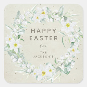 Beige + White Floral Wreath Easter Message Square Sticker