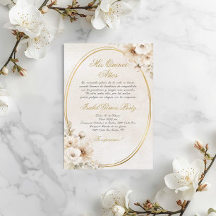 Beige White flower Spanish Quinceanera Invitation