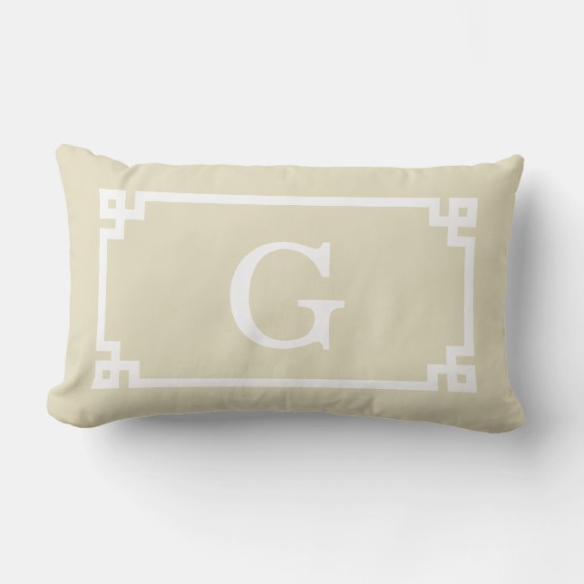 Beige White Greek Key Frame #2 Initial Monogram Lumbar Pillow (Front)