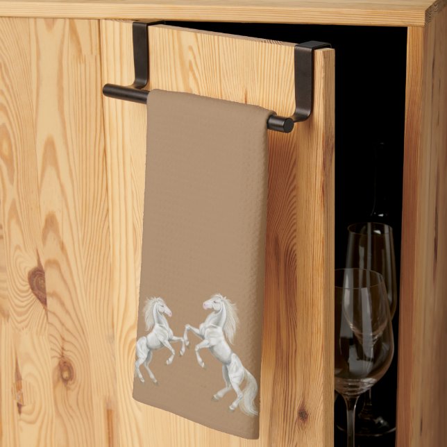 Beige White Horses Kitchen Hand Towel (Thirds Fold)