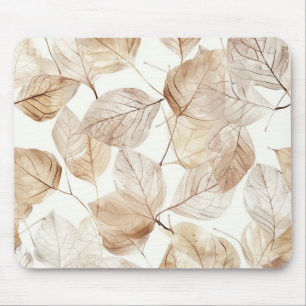 Beige White Leaves Mouse Pad