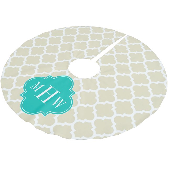 Beige White LG Chevron Teal Name Monogram Brushed Polyester Tree Skirt (Angled)