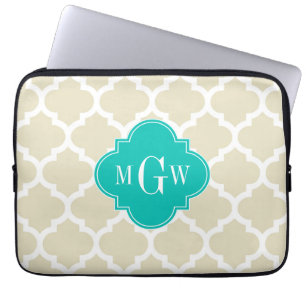 Beige White LG Chevron Teal Name Monogram Laptop Sleeve