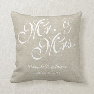 Beige White Linen M. et Mme Mariage Coussin