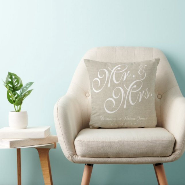 Beige White Linen Mr. and Mrs. Wedding Pillow (Creator Uploaded)
