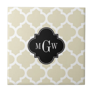 Beige, White Moroccan #5 Black 3 Initial Monogram Tile