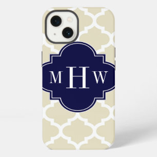 Beige, White Moroccan #5 Navy 3 Initial Monogram iPhone 13 Case