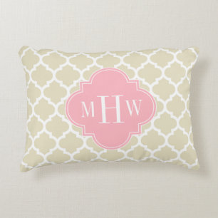 Beige, White Moroccan #5 Pink 3 Initial Monogram Accent Pillow