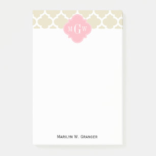 Beige, White Moroccan #5 Pink 3 Initial Monogram Post-it Notes