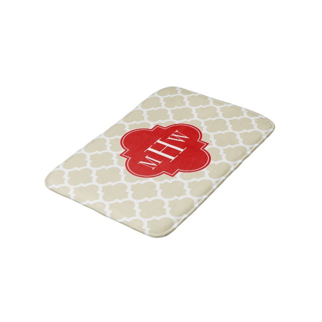 Beige, White Moroccan #5 Red 3 Initial Monogram Bath Mat (Angled)