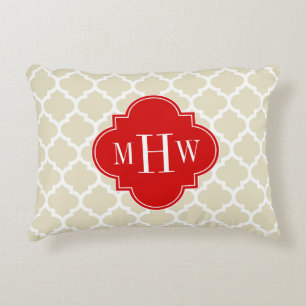 Beige, White Moroccan #5 Red 3 Initial Monogram Decorative Pillow