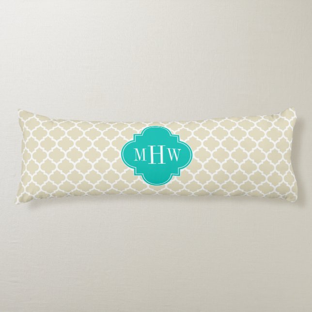 Beige White Moroccan #5 Teal 3 Initial Monogram Body Pillow (Front)