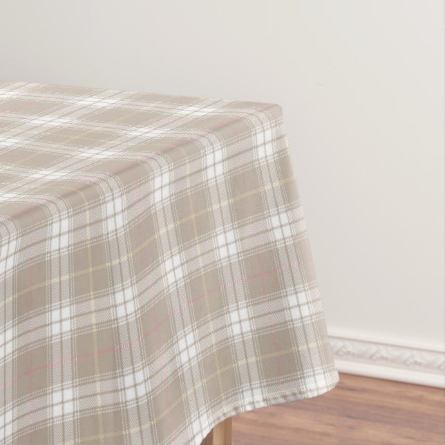 Beige White Pink Tartan Plaid Pattern Rustic  Tablecloth (In Situ)