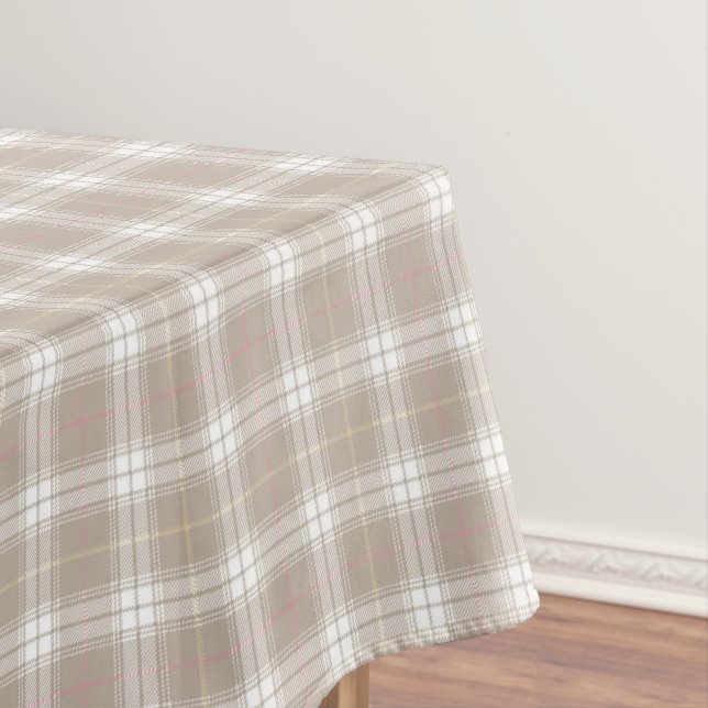 Beige White Pink Tartan Plaid Pattern Rustic  Tablecloth (In Situ)