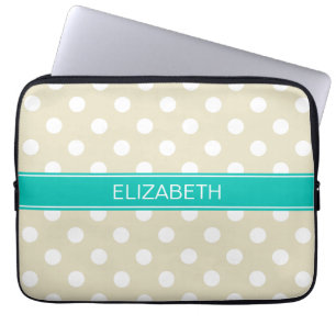 Beige White Polka Dots #2 Teal Monogram Laptop Sleeve
