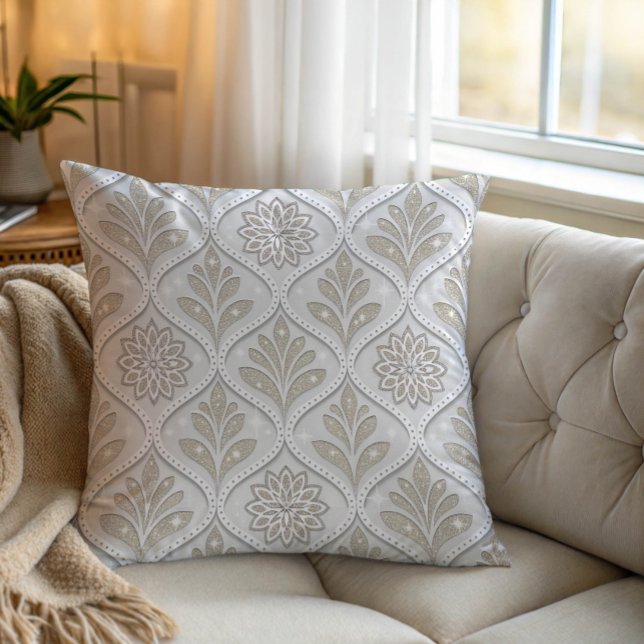 Beige & White Sparkling Quatrefoil Pattern Throw Pillow (Creator Uploaded)