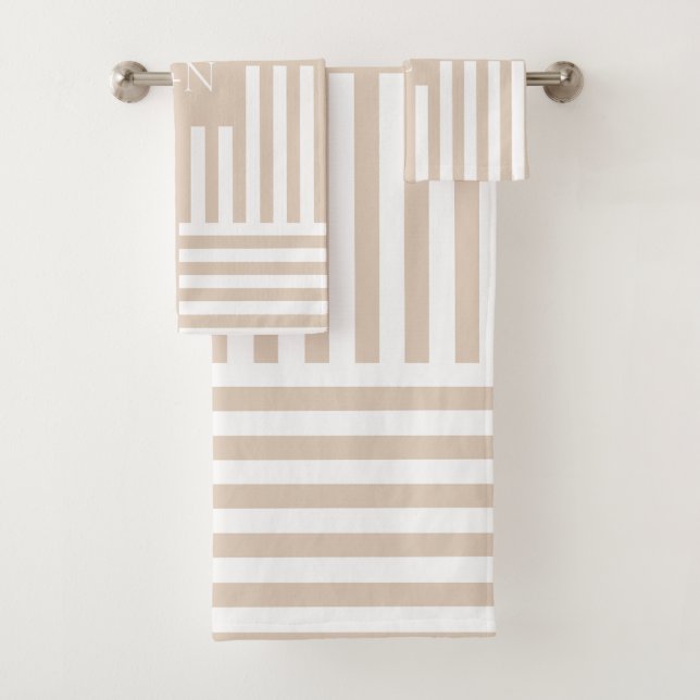 Beige White Striped Bathroom Wedding Couple Gift Bath Towel Set (Insitu)