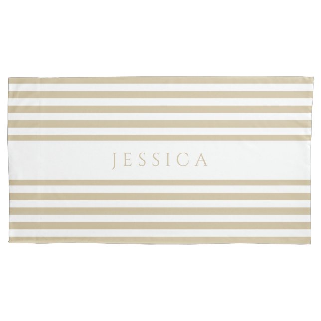 Beige & White Striped Pattern Name Pillow Case (Front)