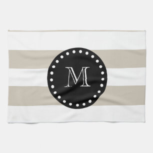 Beige White Stripes Pattern, Black Monogram Kitchen Towel