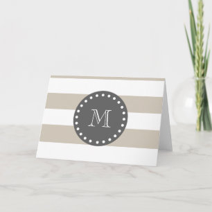Beige White Stripes Pattern, Charcoal Monogram Note Card